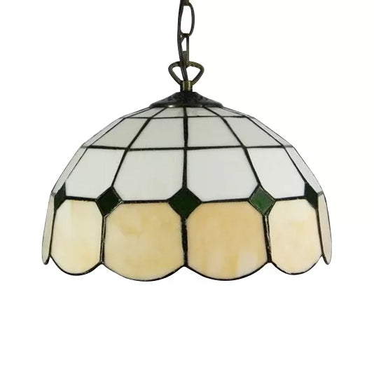 Beige/Orange/Blue Dome Hanging Pendant Light Tiffany 1 Bulb Stained Art Glass Ceiling Hang Fixture for Living Room, 8"/12"/16" W