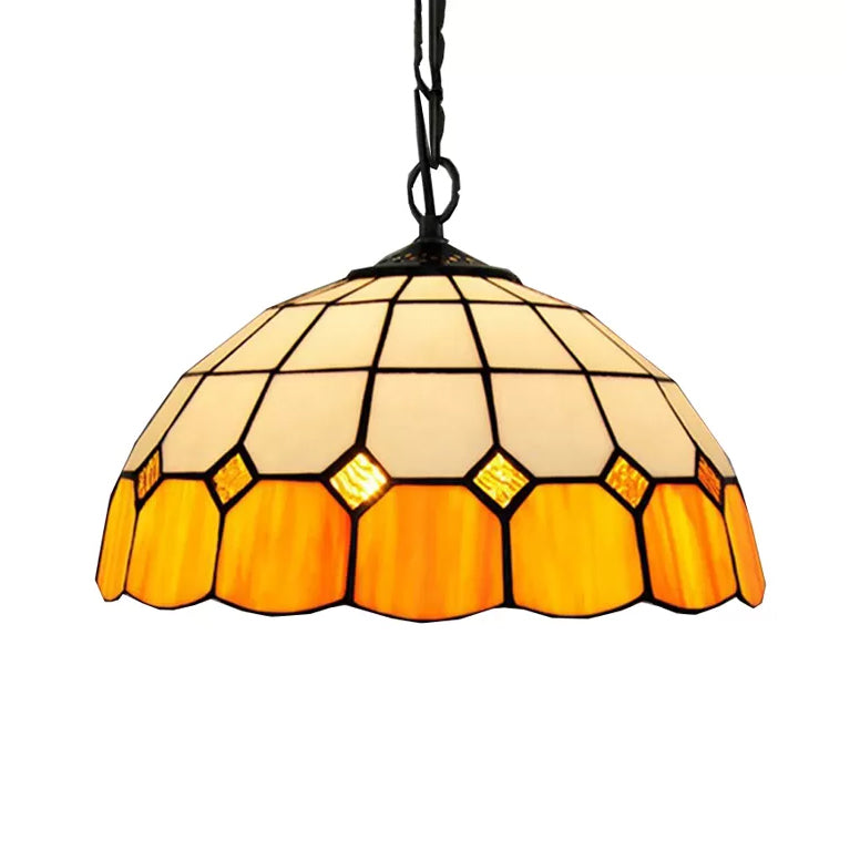 Beige/Orange/Blue Dome Hanging Pendant Light Tiffany 1 Bulb Stained Art Glass Ceiling Hang Fixture for Living Room, 8"/12"/16" W