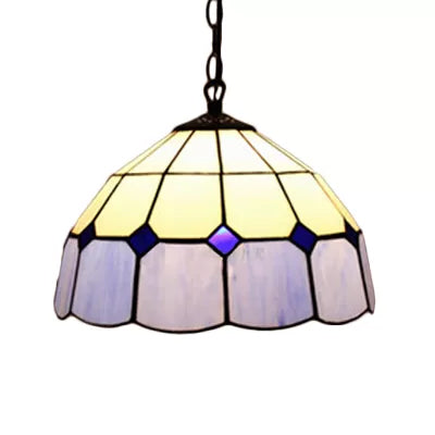 Beige/Orange/Blue Dome Hanging Pendant Light Tiffany 1 Bulb Stained Art Glass Ceiling Hang Fixture for Living Room, 8"/12"/16" W