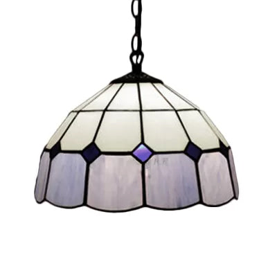 Beige/Orange/Blue Dome Hanging Pendant Light Tiffany 1 Bulb Stained Art Glass Ceiling Hang Fixture for Living Room, 8"/12"/16" W