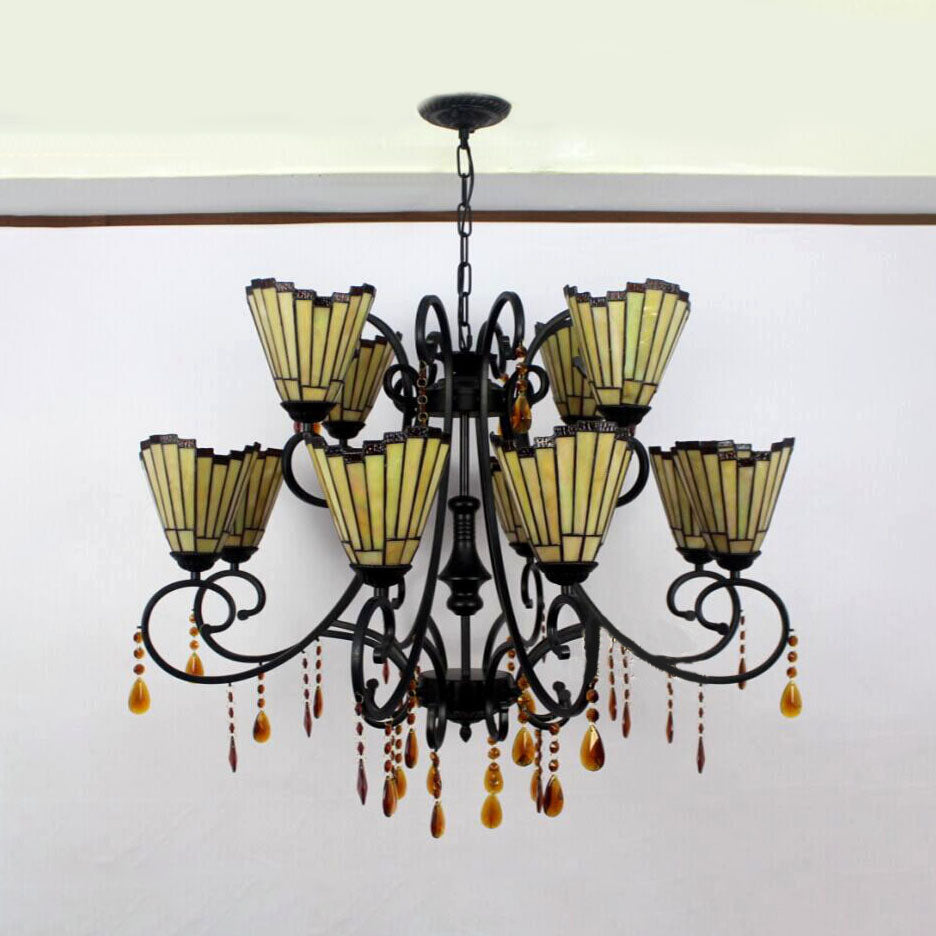 Country Geométrique suspension Talage Talage 11 lumières Chandelier avec pendentifs en cristal en jaune