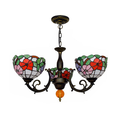 Colorful Bowl Chandelier Light with Flower/Rose/Sunflower/Yellow Flower Pattern Retro Style Stained Glass 3 Bulbs Inverted Chandelier in Brass