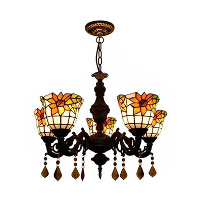 Bell Chandelier Tiffany Tache-vitrail 5 lumières Lumière de suspension décorative avec motif de tournesol