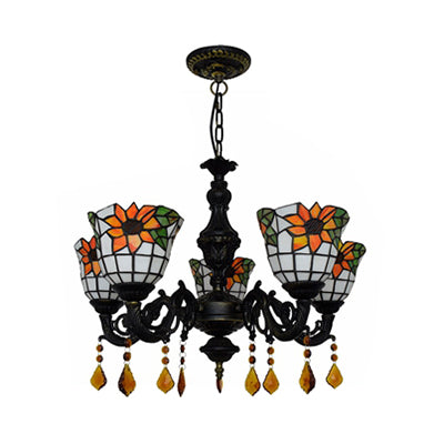 Bell Chandelier Tiffany Tache-vitrail 5 lumières Lumière de suspension décorative avec motif de tournesol