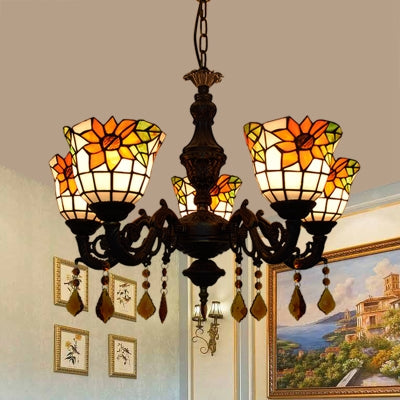 Bell Chandelier Tiffany Tache-vitrail 5 lumières Lumière de suspension décorative avec motif de tournesol