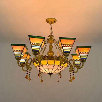 Stained Glass Pyramid Suspension Light Rustic 9 Lights Chandelier with Crystal in Yellow for Bedroom