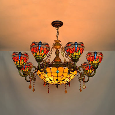 Lustre de la lumière suspendue en forme de bol tachée Rustique 9 lumières lustre avec cristal en multicolore pour chambre à coucher