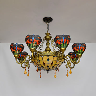 Stained Glass Bowl-Shaped Hanging Light Rustic 9 Lights Chandelier with Crystal in Multicolor for Bedroom