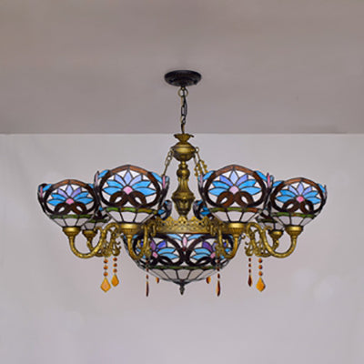 Suspension Light Tiffany 9 Lights Crystal Chandelier Light with Bowl Glass Shade in Blue for Bedroom