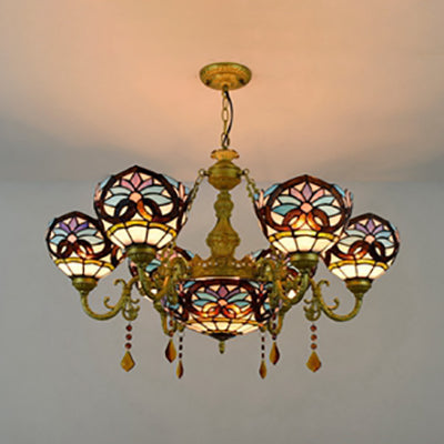 Stained Glass Bowl Shade Hanging Pendant Rustic 7 Lights Chandelier with Crystal in Blue for Bedroom