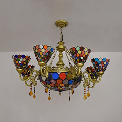 Lustre en cône de verre tachée Lumière rustique 11 lumières lustre inversé avec motif de cercle coloré