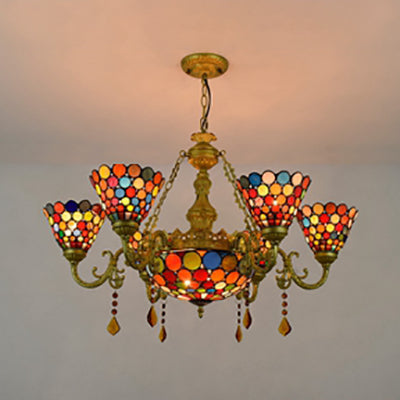 7 Lights Cone Hanging Light Tiffany Stained Glass Chandelier Light with Colorful Circle Pattern for Living Room