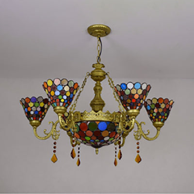 7 Lights Cone Hanging Light Tiffany Stained Glass Chandelier Light with Colorful Circle Pattern for Living Room