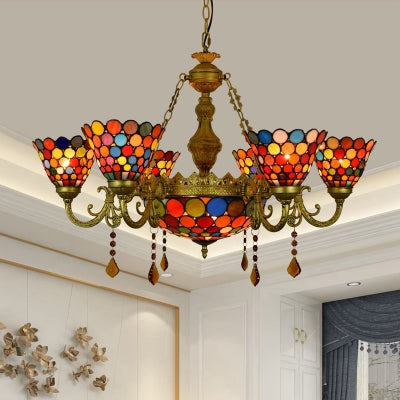 7 Lights Cone Hanging Light Tiffany Stained Glass Chandelier Light with Colorful Circle Pattern for Living Room