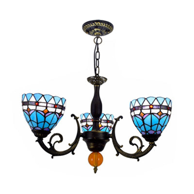 3 Lights Bowl-Shaped Hanging Light Tiffany Stained Glass Chandelier Light with Tulip Pattern for Living Room