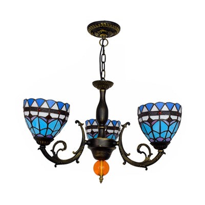 3 Lights Bowl-Shaped Hanging Light Tiffany Stained Glass Chandelier Light with Tulip Pattern for Living Room