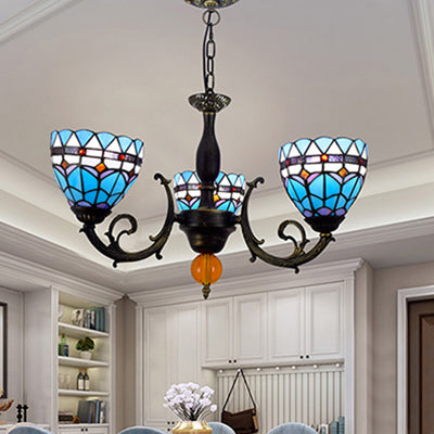 3 Lights Bowl-Shaped Hanging Light Tiffany Stained Glass Chandelier Light with Tulip Pattern for Living Room