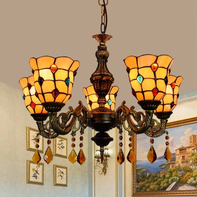 5 Lights Bell Shape Hanging Light Lodge Stained Glass Jewel Chandelier in Beige for Foyer