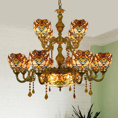 15 Lights Domed Hanging Lamp Victorian Stained Glass Crystal Chandelier Light in Brown for Living Room