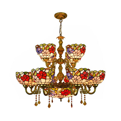 15 lumières Dome Shade suspendu Light Tiffany Treated Tanking Chandelier à deux niveaux avec motif de fleurs pour salle à manger