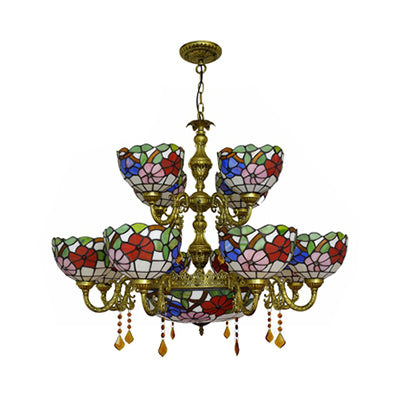 15 lumières Dome Shade suspendu Light Tiffany Treated Tanking Chandelier à deux niveaux avec motif de fleurs pour salle à manger