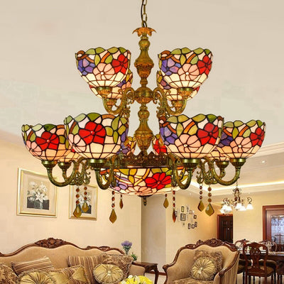 15 lumières Dome Shade suspendu Light Tiffany Treated Tanking Chandelier à deux niveaux avec motif de fleurs pour salle à manger