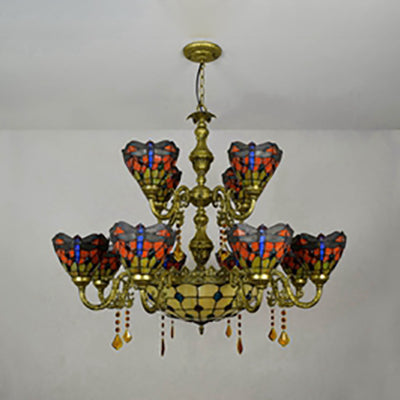 13 Lights Dome-Shaped Hanging Lamp Tiffany Style Stained Glass Dragonfly and Jewel Inverted Chandelier for Living Room