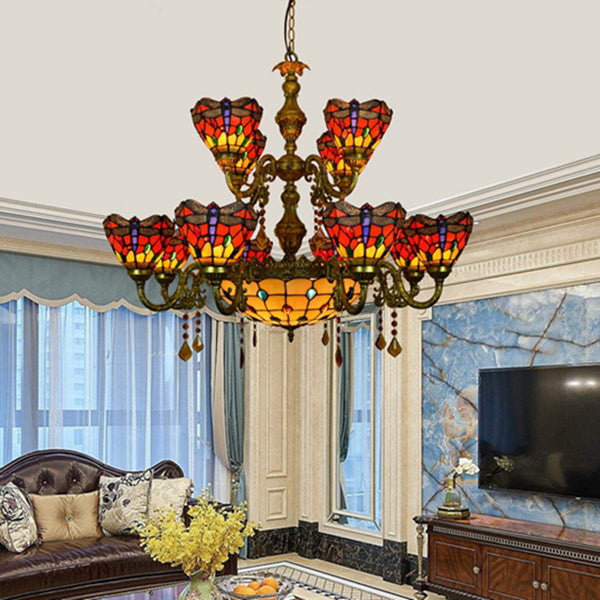 13 Lights Dome-Shaped Hanging Lamp Tiffany Style Stained Glass Dragonfly and Jewel Inverted Chandelier for Living Room