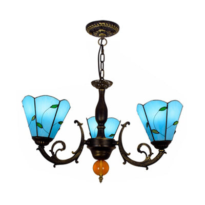 Blue Conic Shade Chandelier Light Industrial Vintage Stained Glass 3 Lights Leaf Inverted Chandelier