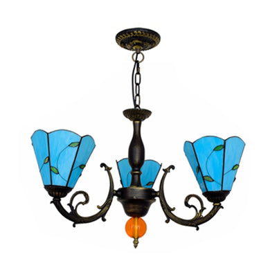 Blue Conic Shade Chandelier Light Industrial Vintage Stained Glass 3 Lights Leaf Inverted Chandelier