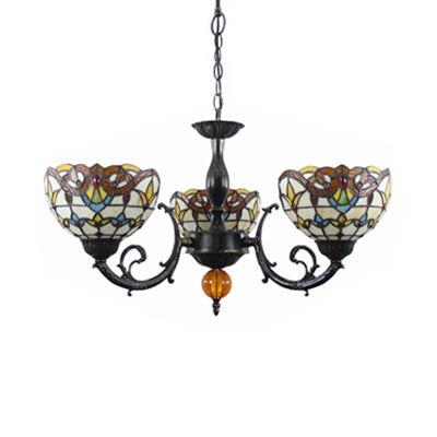 Beige Bowl Shade Chandelier Vintage Stained Glass 3 Lights Inverted Chandelier with Chain for Bedroom Lighting