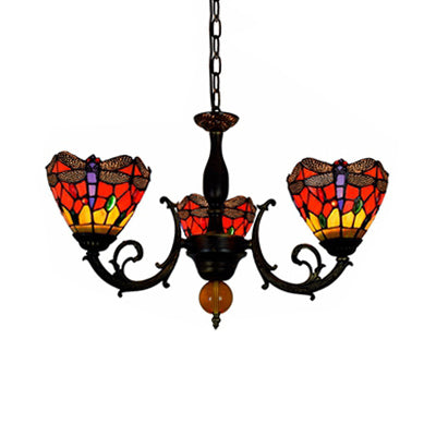 CONIC ROUGE HORTING LEILLE VINTAGE VINTAGE VERRE 3 LUMIÈRES CHANDELIER INVERTED avec motif de libellule