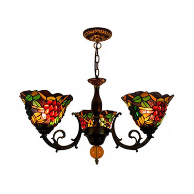 Multicolored Bell Shade Chandelier Light Industrial Vintage Stained Glass 3 Lights Grapes Inverted Chandelier