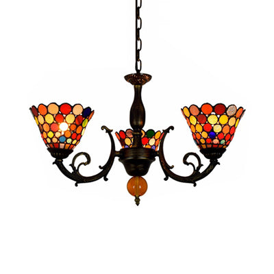 Colorful Bell Suspension Light Vintage Stained Glass 3 Lights Inverted Chandelier for Dining Room