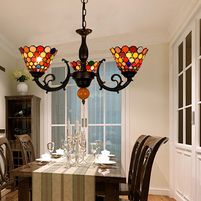 Colorful Bell Suspension Light Vintage Stained Glass 3 Lights Inverted Chandelier for Dining Room