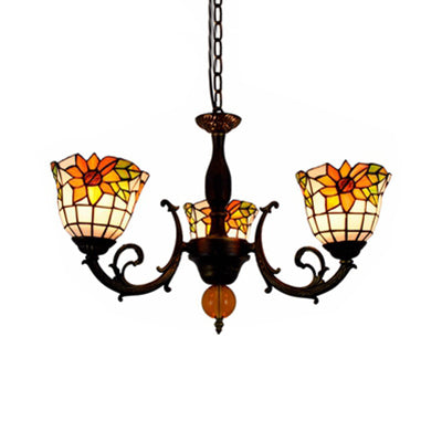 Bell Shade Chandelier Light Industrial Vintage Stained Glass 3 Lights Sunflower Inverted Chandelier