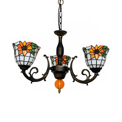 Bell Shade Chandelier Light Industrial Vintage Stained Glass 3 Lights Sunflower Inverted Chandelier