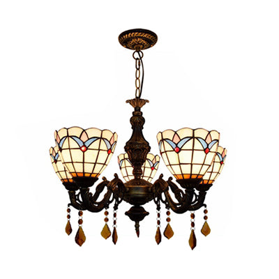 Domed Inverted Chandelier Retro Style Stained Glass 5 Lights Hanging Pendant with Tulip Pattern