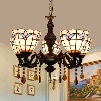 Domed Inverted Chandelier Retro Style Stained Glass 5 Lights Hanging Pendant with Tulip Pattern