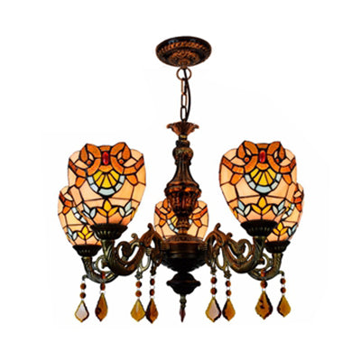 Bowl Chandelier Retro Style Stained Glass 5 Lights Hanging Pendant with Crystal for Bedroom