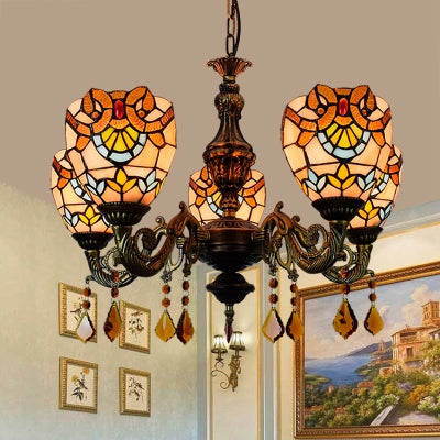 Bowl Chandelier Retro Style Stained Glass 5 Lights Hanging Pendant with Crystal for Bedroom