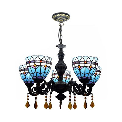 Domed Chandelier Light Retro Style Stained Glass 5 Lights Tulip Hanging Light with Crystal in Blue