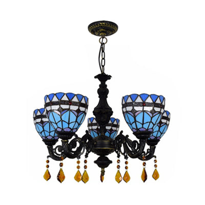 Domed Chandelier Light Retro Style Stained Glass 5 Lights Tulip Hanging Light with Crystal in Blue