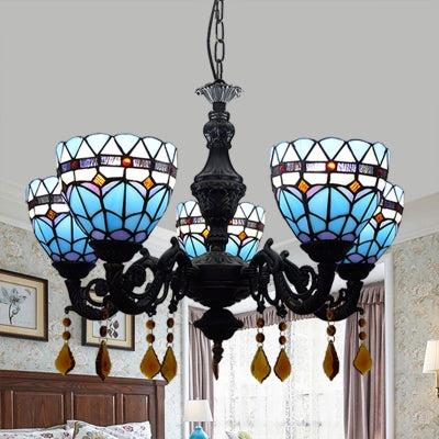 Domed Chandelier Light Retro Style Stained Glass 5 Lights Tulip Hanging Light with Crystal in Blue