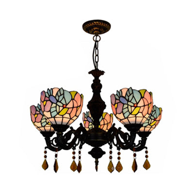 Country Scalloped Hanging Light Stained Glass 5 Heads Multicolored Chandelier for Living Room