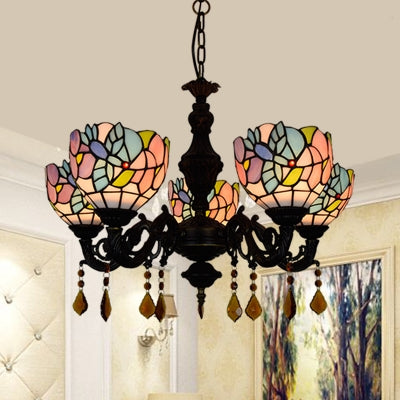 Country Scalloped Hanging Light Stained Glass 5 Heads Multicolored Chandelier for Living Room