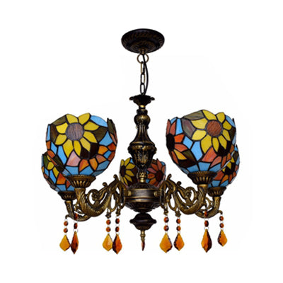 Lodge Dome Hanging Light Stained Glass 5 Heads Sunflower Chandelier with Crystal for Living Room