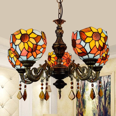 Lodge Dome Hanging Light Stained Glass 5 Heads Sunflower Chandelier with Crystal for Living Room