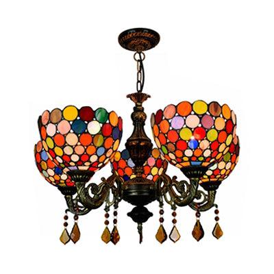 Retro Style Bowl Hanging Lamp Stained Glass 5 Heads Decorative Chandelier for Dining Room