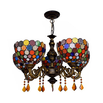 Retro Style Bowl Hanging Lamp Stained Glass 5 Heads Decorative Chandelier for Dining Room